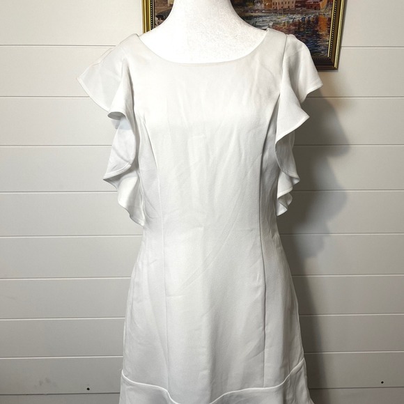 BCBG White Mini Dress Ruffle Flutter Sleeve Cocktail Party Fit Flare NWT - Picture 11 of 13